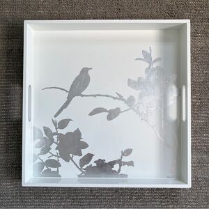 Vintage White Tray with Silver Bird & Branch Design